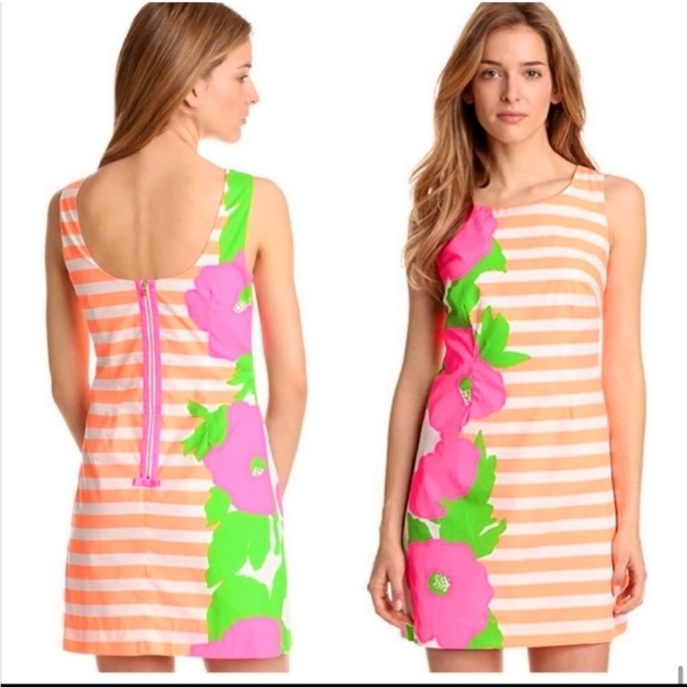 NWT Lilly Pulitzer Delia Shift Dress Mini Cotton Stripe Floral Orange Pink 4